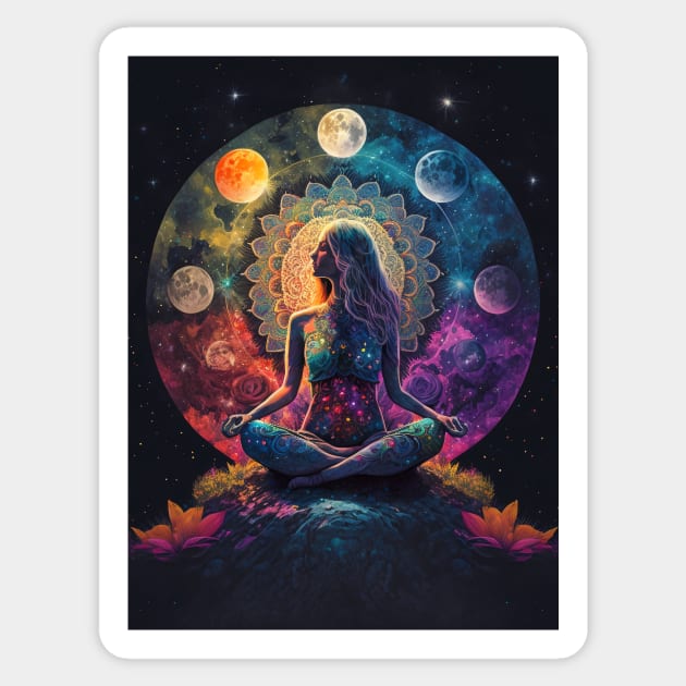 Lotus Woman Meditating on a Mountain with a Colorful Sky, Giant Planets and Lotus Flowers Sticker by TheJadeCat